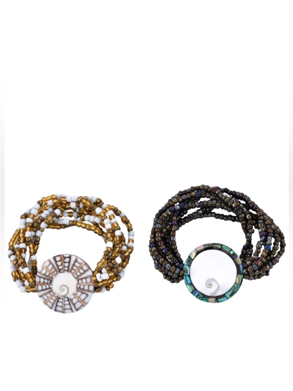 Set of Two Multi Shell Multi Row Stretch Bracelets
